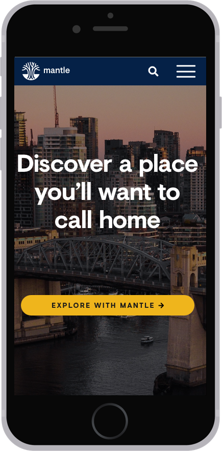 An iPhone whose screen shows the homepage redesign of Mantle's mobile app.