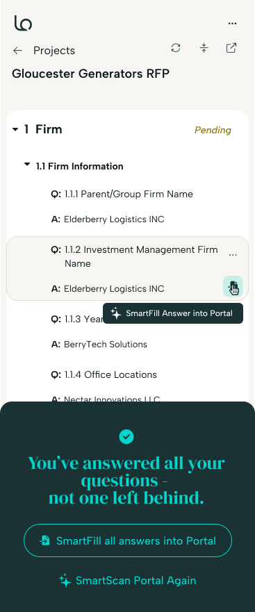 Populated project with answered questions, new brand