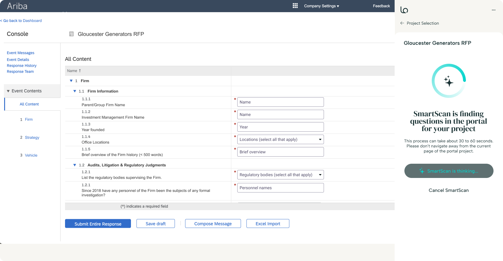 A real vendor portal, Ariba, alongside the SmartScan panel finding its open questions