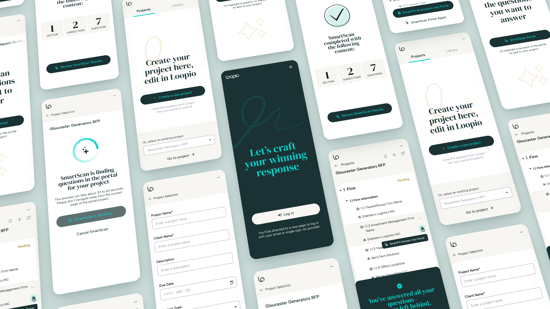 A scattered collage of the newly designed mobile screens: login, project creation, SmartScan, and the completed scan flow