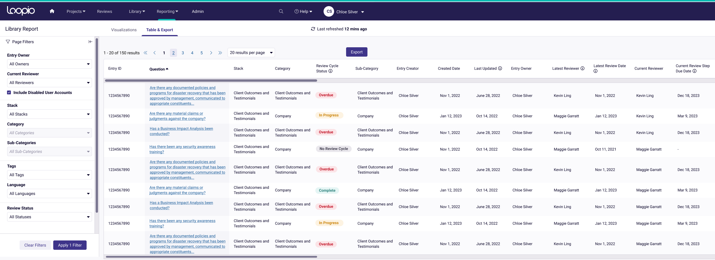 The new version of the library report table view.