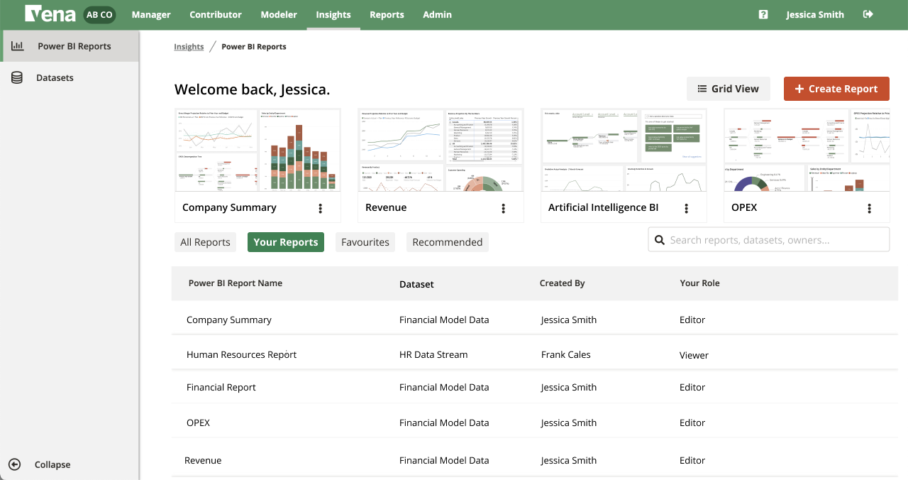 The reports homepage within the Vena browser interface.